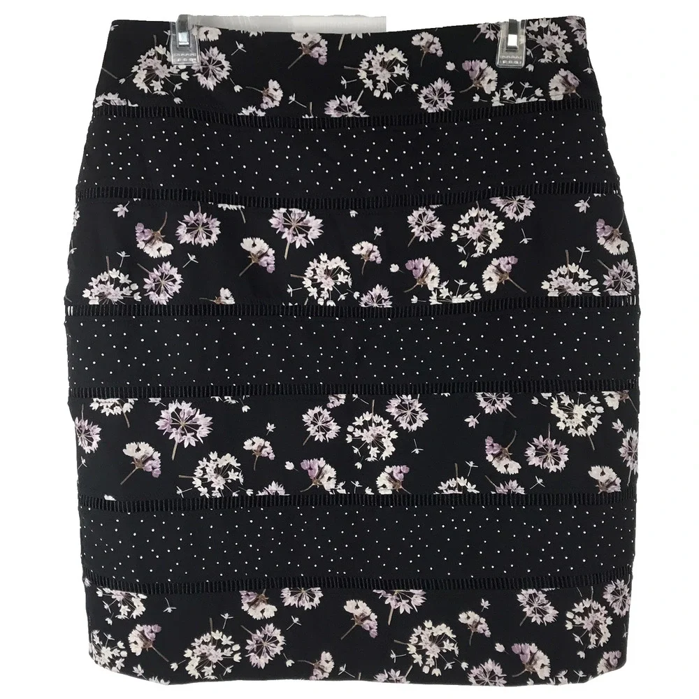 NWT White House Black Market Skirt Floral Polka Dot Black White Purple Lined 10